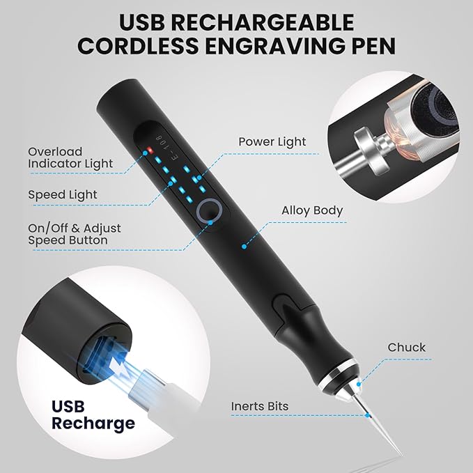 Electric Engraving Pen with 37 Bits, USB Rechargeable Cordless Etching Engraving Tool, Portable DIY Rotary Engraver for Jewelry Wood Glass Stone Carving (Black)