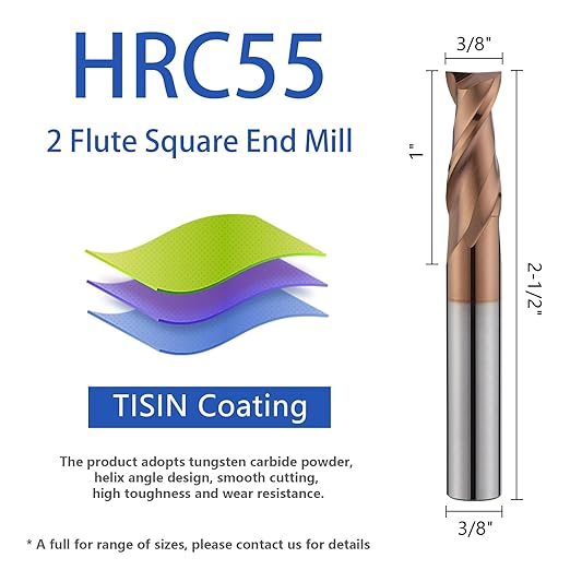 2 Flute 3/8" Carbide Square End Mill 5PCS Micrograin Milling Bits Sets TISIN Coating CNC Router Bit for Steel