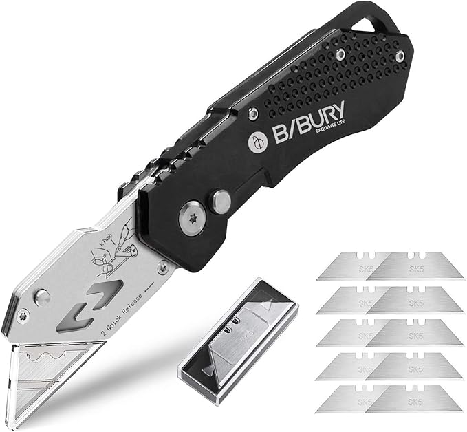 Utility Knife, BIBURY Upgraded Version Heavy Duty Box Cutter, Pocket Carpet knife with 10 Replaceable SK5 Stainless Steel Blades, Belt Clip, Easy Release Button, Quick Change and Safety Lock-Black