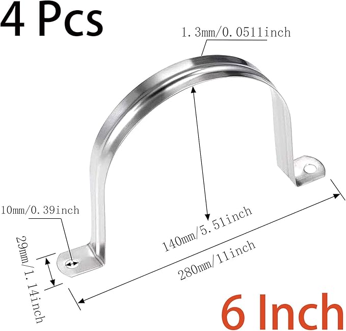 4 Pcs 6inch Rigid Pipe Strap,Two Hole Stainless Steel Strap U Bracket, Widened Tube Strap Tension Clip Assortment Kit Heavy Duty Pipe Clamp for Pipe Fixing（160mm）