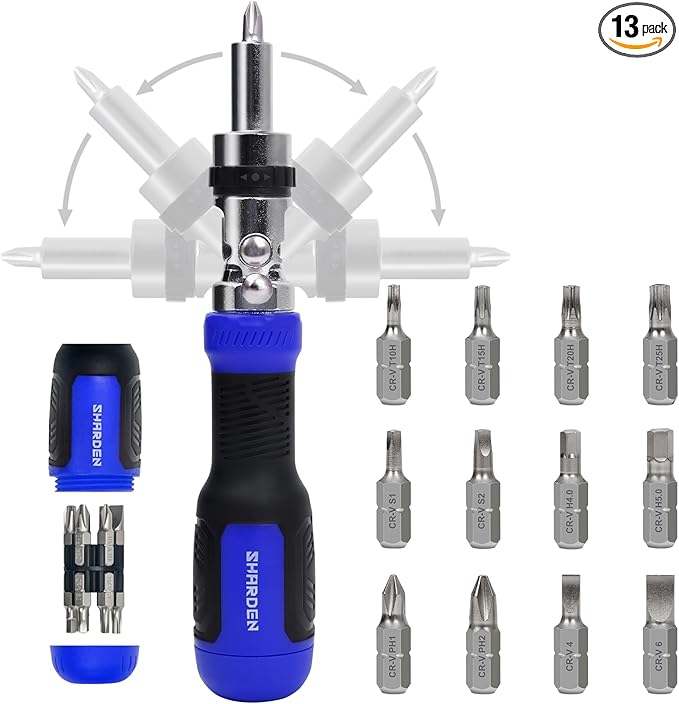 SHARDEN Ratchet Screwdriver 13-in-1 Multi Screwdriver Tool All in One Ratcheting Screwdriver Set with Phillips, Flat Head, Torx, Hex, Square, 180 Degree Pivoting Adjustable Angle Screw Driversets Set