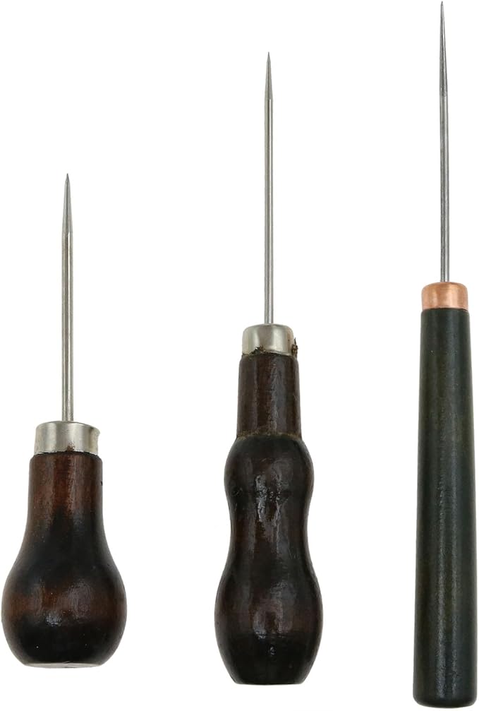 safycaby 3 Pack Scratch Awl Tool Gourd Shape Wooden Handle Awl Pin Punching for Leather Punch Crafts Repair Footwear Sewing Crochet DIY Hand Sewing