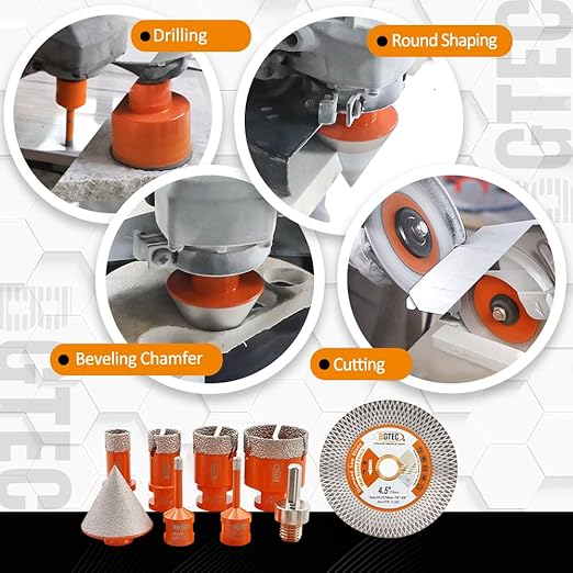 BGTEC Diamond Hole Saw Kit - 9PCS 6/6/20/25/35/50mm Drill Bits + 50mm Chamfering Bit + Adaptor + 115mm Tile Blade for Porcelain Tile Ceramic Granite Marble Stoneware
