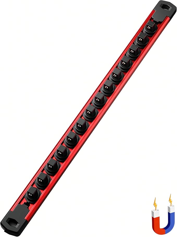 ALOANES 3/8-Inch Drive Magnetic Socket Organizer, Heavy Duty Aluminum Socket Rail Organizer, 360° Swivel Clips Socket Holder Kit for Tool Box, 3/8-Inch Socket Holder x 14 Clips (Red)