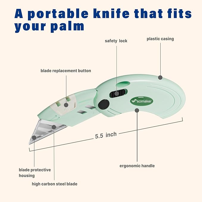 4 Pack Folding Utility Knife with 10 Extra Blades,Box Cutters with Button Lock Mechanism,Navajas Para Trabajo for Home,Office and Warehouse,Green.