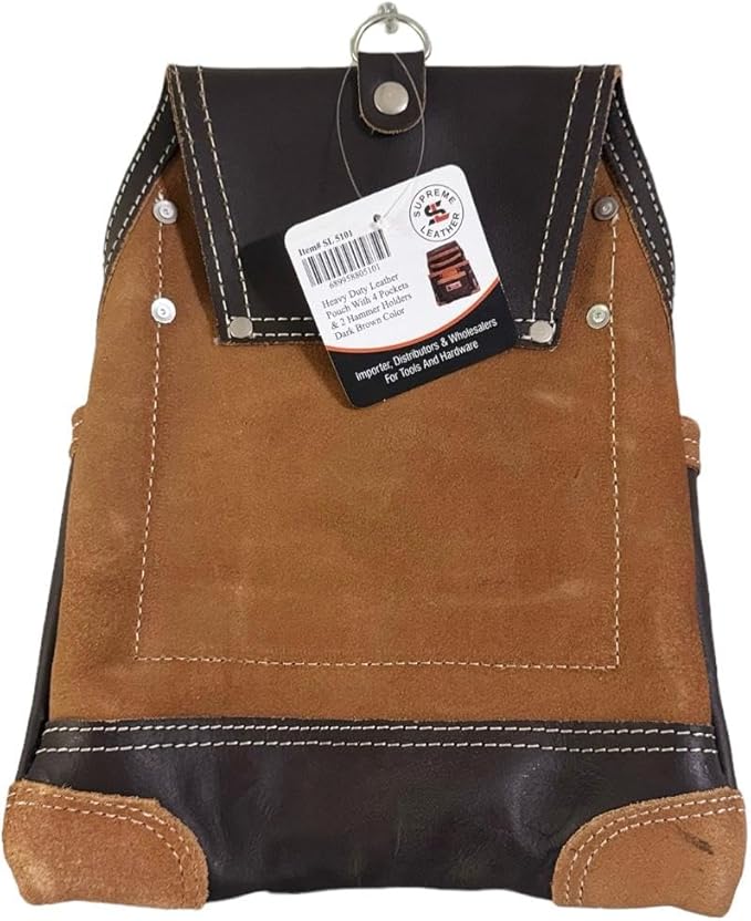 Supreme Leather Tool Pouch for Construction Carpenter Tool Bag Electrician's Pouch | 10 Pockets 2 Stainless Steel Hammer Holders Top Grain Leather Bag