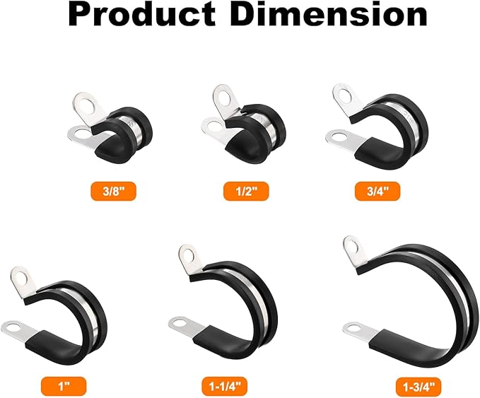 HARFINGTON 82pcs 304 Stainless Steel Cable Clamps 3/8"-1-3/4" Rubber Cushioned Insulated Clamp Metal Loop Pipe Clamp for Tube Pipe Wire Cord Installation