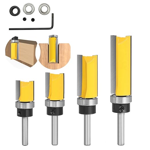 1/4 Shank 4PCS Pattern Bit,Pattern Flush Trim Router Bit Set Router Bits,Perfect for Woodworking, Edging, Trimming, Grooving, veining Wood Projects.