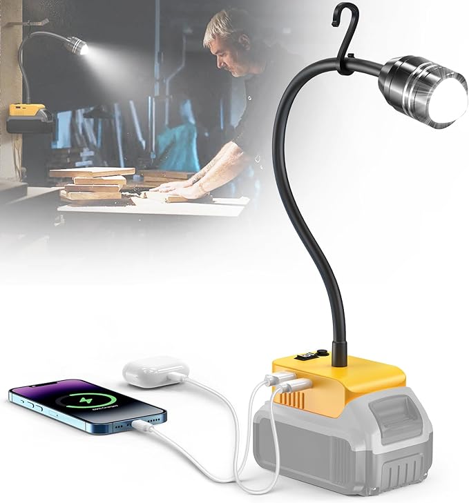 LIVOWALNY 2000LM LED Work Light Compatible with Dewalt 20V Battery, 20W Flood Light, 12" Flexible Gooseneck, Flashlight Lights with USB-A & Type-C Charging Port, Low Voltage Protection (No Battery)