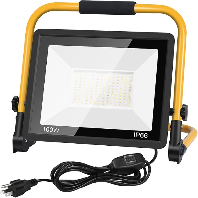 100W 11000LM LED Work Light with 16.5FT Cord, IP66 Waterproof, Portable Flood Light for Construction, Workshop, Garage, and Outdoor Use
