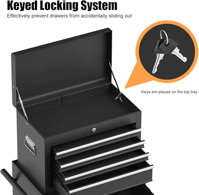S AFSTAR 6-Drawer Rolling Tool Chest, High Capacity Tool Storage Cabinet with 4 Hooks, Locking System and Universal Wheels, 2-in-1 Detachable Large Toolbox for Garage Workshop (Black)