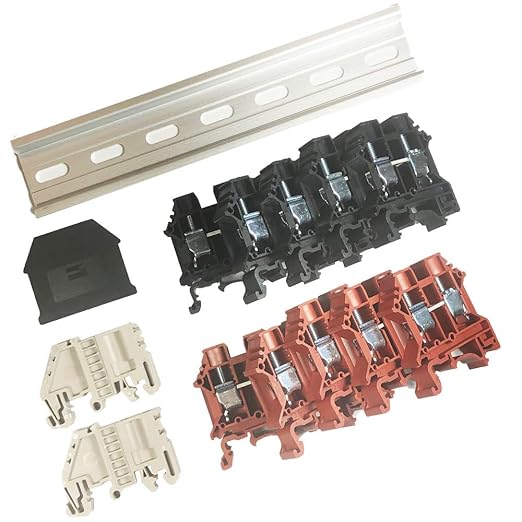 Dinkle Assembly DK10N Red/Black 10 Gang Box Connector DIN Rail Terminal Blocks, 6-20 AWG, 60 Amp, 600 Volt Separate Circuits