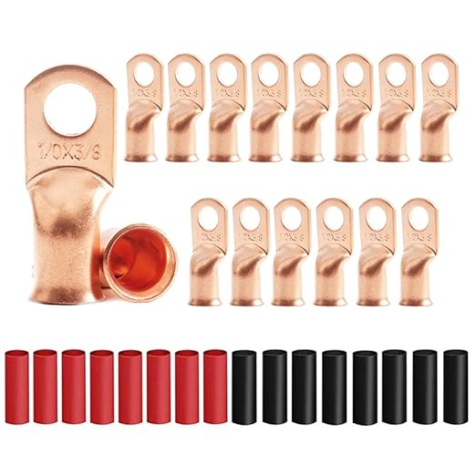 16Pcs 1/0 AWG 3/8" Stud Copper Ring Terminals Battery Cable Ends Wire Lugs with 16Pcs Heat Shrink Tubing 1/0 Gauge Battery Cable Lugs Heavy Duty Cable Lugs Bare Copper Eyelets Tubular Ring Terminal