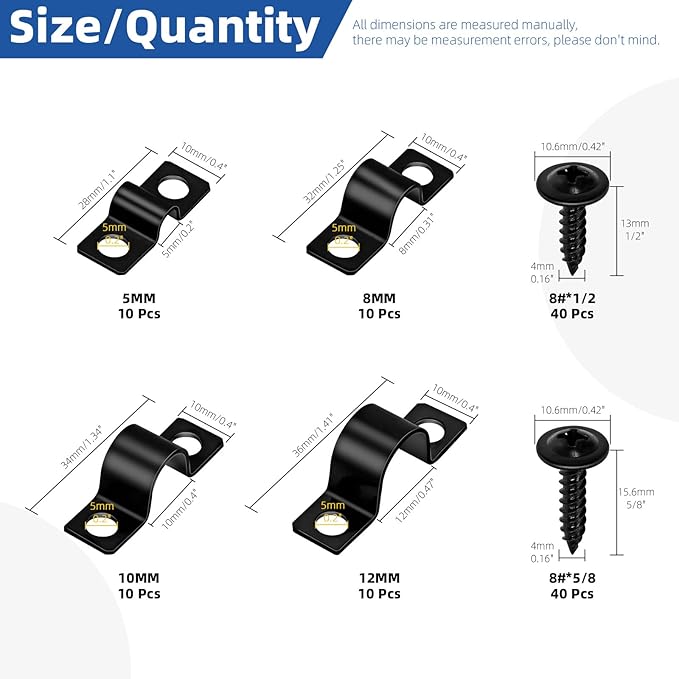 Glarks 120pcs 5/8/10/12mm Pipe Strap Clamp, Black Carbon Steel 2 Hole Strap Heavy Duty Rigid Pipe Strap U Bracket Tube Strap Cable Clamp Hanger Tension Tube Clip with screw for Pipe Tube Cable Fixing
