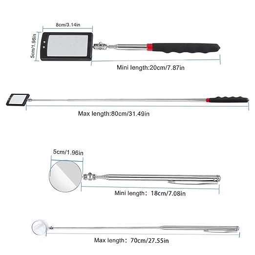 2PCS Telescopic Inspection Mirror, LED Telescopic Inspection Mirror,Portable Round 360 Degree Rotating Inspection Mirror Flashlight and Round/Square Inspection Mirror