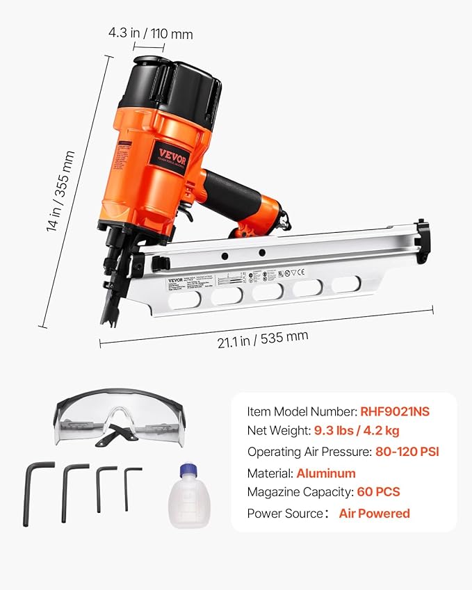 VEVOR Framing Nailer, 80-120PSI Air Nail Gun, 2" to 3-1/2" 21 Degree Full Round Head Pneumatic Framing Nailer with Tool-Less Depth Adjustment & Dual Trigger Modes, Ideal for Framing Decking Flooring