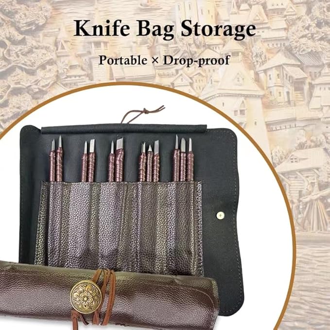 Esamploe 12 Pcs Stone Carving Tool,Tungsten Steel Soapstone Carving Kit,Gravers for Metal with Portable Leather Roll Bag,Hand Engraving Tools for Slate,Wood,Soft Limestone,Lapis Lazuli,Bamboo