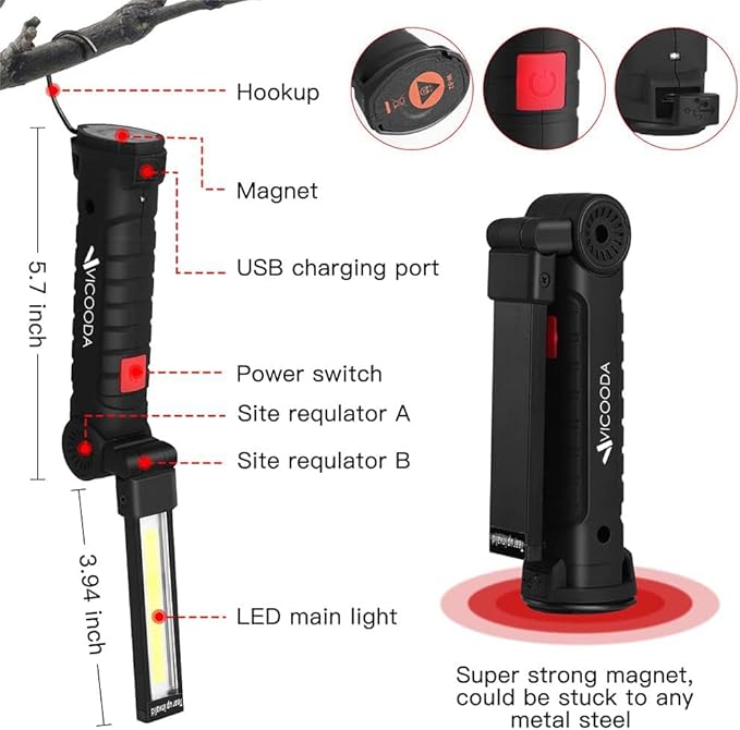 LED Rechargeable Work Light with Magnetic Base, Hanging Hook, 360° Rotate, 5 Modes, USB Portable Mechanic Light for Car Repair, Grill, Outdoor, Emergency, Tight Spaces (4 Pack)