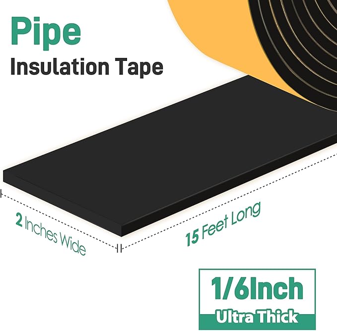 Pipe Insulation Tape, Foam Insulation Tape for Outdoor Pipes Winter Freeze Protection, Foam Pipe Insulation Wrap, Heat Tape for Water Pipes, Copper Pipes, PVC, AC Line, 2in x 15ft, Black