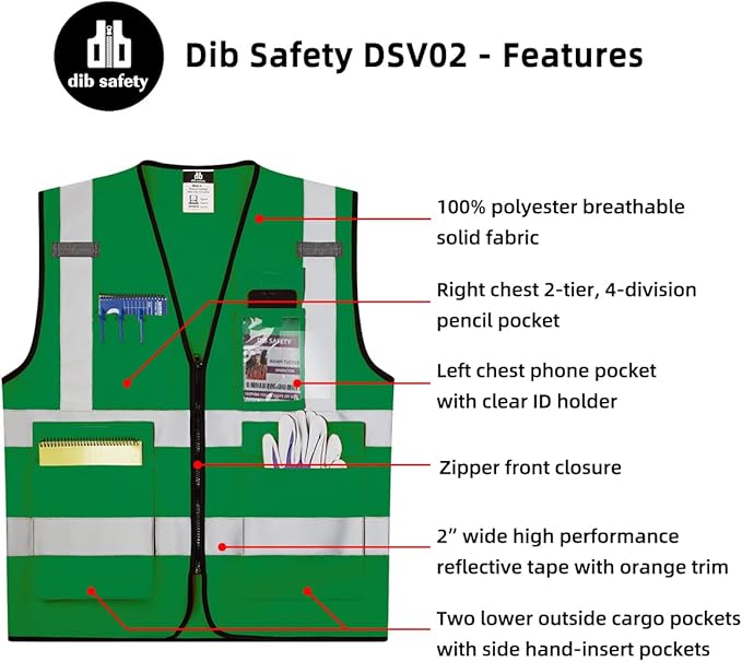 Dib Safety Reflective Vest High Visibility with Pockets and Zipper, Green 4XL