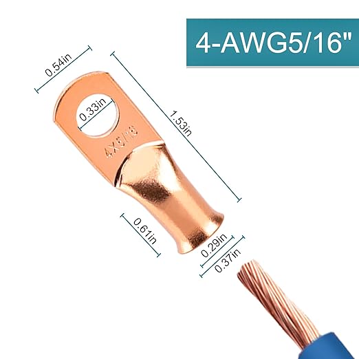 Battery Cable Ends, 8PCS 4 Gauge Wire Connectors 5/16 Copper Wire Lugs, Bare Copper Eyelets with Heat Shrink Tubing