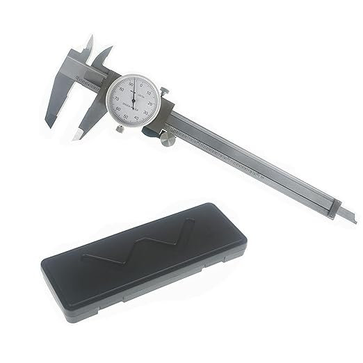 6 Inch 0.001 Precision Dial Caliper Stainless Steel Shockproof 4-Way Measurement with Plastic Case, Good Caliper Measuring Tool