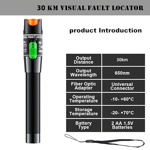 Visual Fault Locator,30KM Red Light Fiber Optic Cable Tester Meter, Cable Test Equipment Suitable with 2.5 mm Universal Connector FC Male to LC Female Adapter for CATV Telecommunications