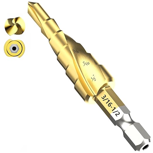 M2 Step Drill Bit Set 3/16"-1/2",1/4" Hex Shank Unibit Step Drill bit,Spiral Grooved for Faster Drilling, Step Bits for Stainless Steel, Wood, Aluminum, Plastic, 6 Step Sizes Taper Drill bit Set
