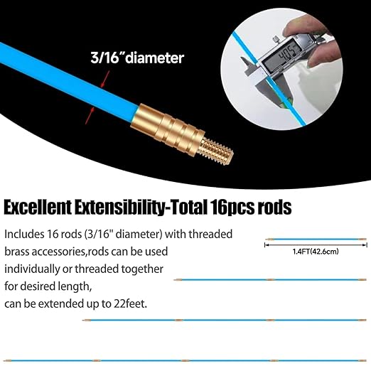 23.8FT Fiberglass Running Electrical Wire Cable Glow Rods Wire Pulling, Fish Rods Electrical Kit with 6 Different Attachments and Fish Tape Wire Puller Kit (23, Blue)