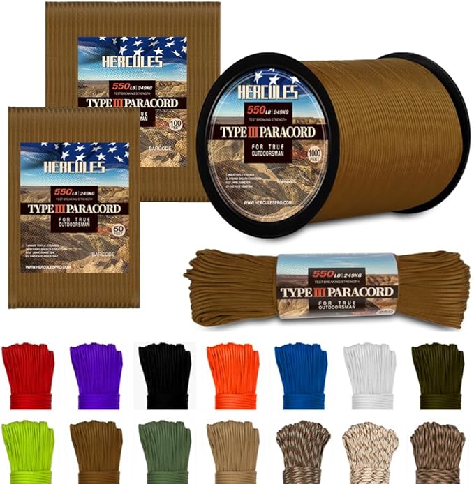 HERCULES Type III Paracord 550 Paracord Rope Parachute Cord, 250' Coyote Brown for Camping Cord, Survival Rope