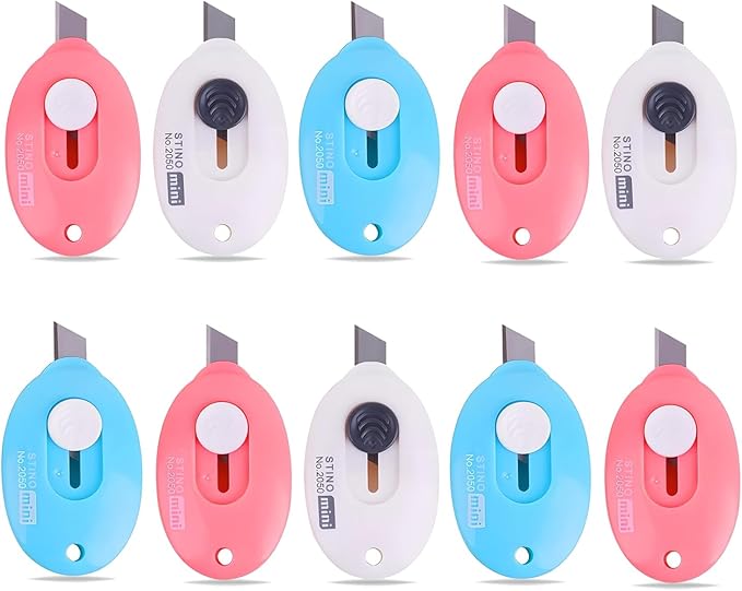 10PCs Mini Retractable Box Cutter Set for Office, Paper Cutter, Package & Letter Envelope Opener, Utility Knife with Keychain Hole, (MIni Utility Knife)