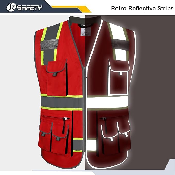 JKSafety 10 Pockets Hi-Vis Zipper Front Fluorescent Red Safety Vest | Cushioned Collar | High Reflective Tapes with Extended Neon Yellow Strips | Meets ANSI/ISEA Standards (Medium, 89-Red)