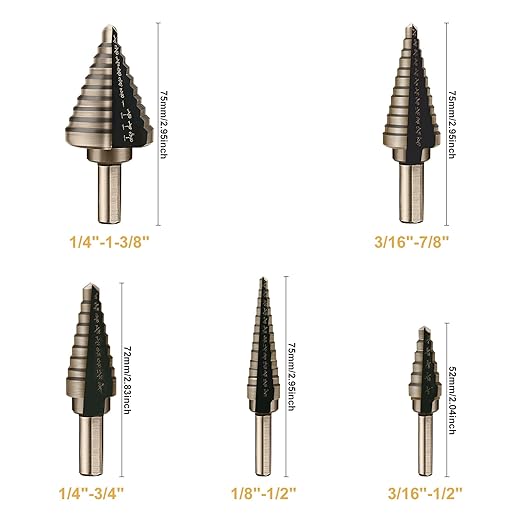 Aleric Step Drill Bit Set - 5 Pcs High Speed Steel Titanium Step Drill Bits, Step Bits for Metal,Wood,Plastic, Step Bit, Multiple Size Hole Cutting Drilling Cone Unibit Step Drill Bit for DIY Lovers