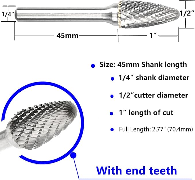 Carbide Burr Set 1/4" Shank SF-5 Die Grinder Bits Tungsten Double Cut Burr Bits (1/2" Cutter Dia X 1" Cutter Length) for Die Grinder Kits Metal Grinding Drilling Polishing (1pcs)