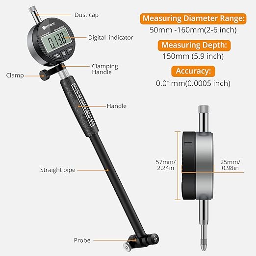 Neoteck Bore Gauge Set Digital Indicator Dial Bore Gauge (2-6"/0.0005") with Self-Centering Dial,Carbide Anvils, Insulated Grips for Deep Engine Cylinder Measurement-Black