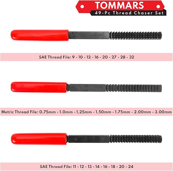 TOMMARS 49-Piece Thread Chaser Set Repair Kit, UNC UNF & Metric with Taps, Dies, and Thread Files for Rethreading and Restoration