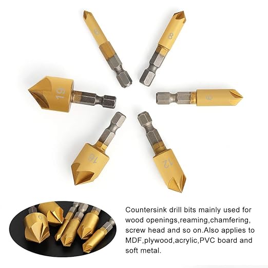 COMOWARE Countersink Drill Bit Set- 7 Pcs Counter Sinker Drill Bits for Wood, Quick Change, 1/4'' Hex Shank, High Speed Steel, 5 Flute 90 Degree Center Punch Tool, 1/4''-3/4''