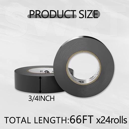 SWRT 24 Pack UL/CSA Listed Black Electrical Tape 7 mils-600V, 0.75 in x 66 FT Electric Tape Flame Retardant, Strong Adhesive, for Home DIY Electrical Repairs Professional Installations