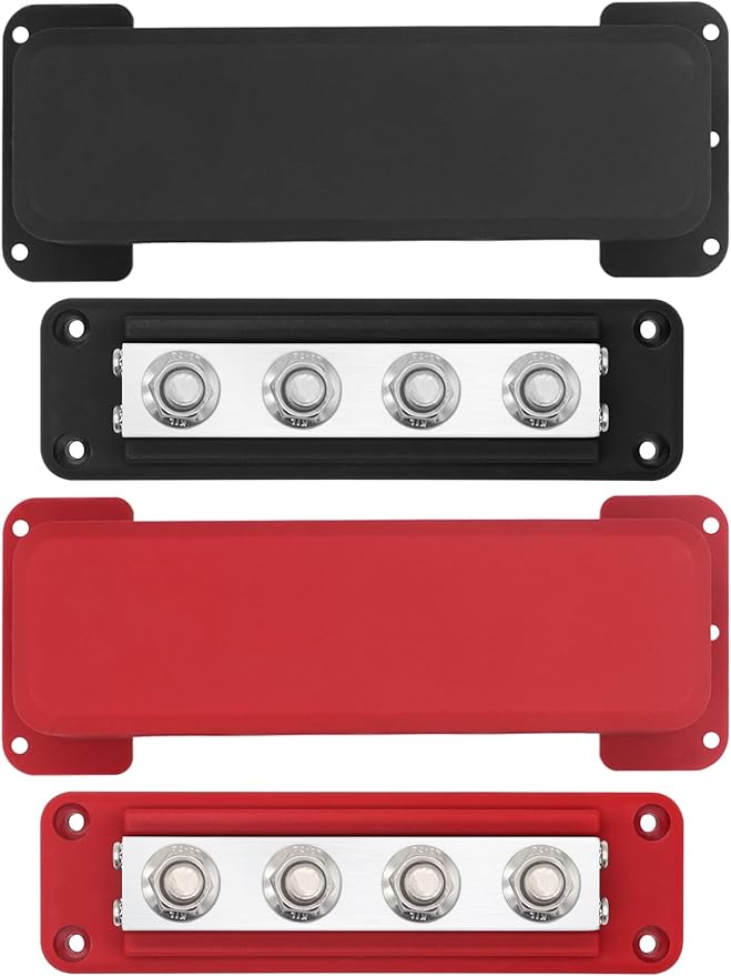 600A Heavy-Duty Bus Bar (2-Pack) Nickel Plated Copper Distribution Terminal Block with Cover 4 M10 (3/8 in) Studs & 8 Screws Buss Bar for Solar RV Marine Car Audio 12-48V DC Battery System