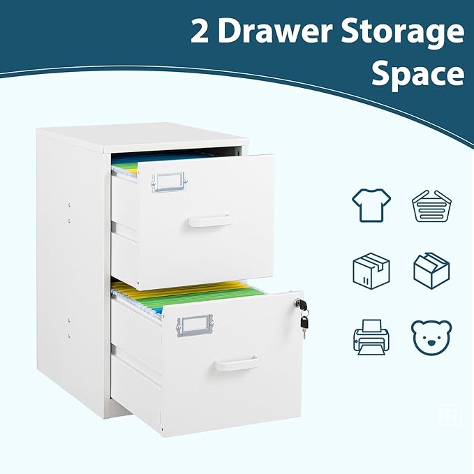 MIIIKO 2 Drawer Filing Cabinet with Lock, Metal Vertical File Cabinets for Home Office, Lockable File Storage Cabinets Under Desk, Letter/A4 File Folders Storage（White-Assembly Required
