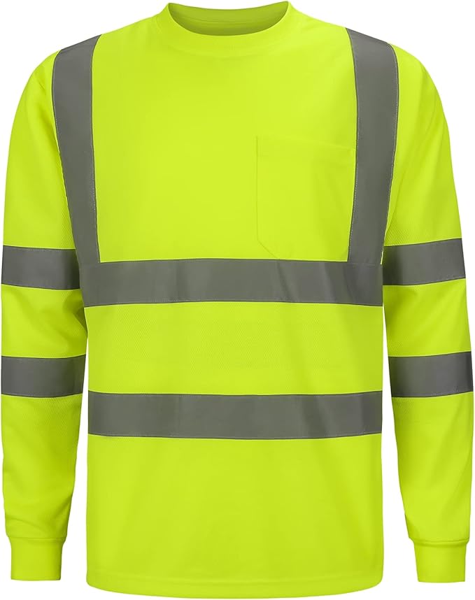 High Visibility Class 3 T Shits, Hi vis Safety Shirts with Reflective Strips and Pocket, Long Sleeve Quick Dry Mesh Construction Work Shirt for Men/Women Lime.6XL