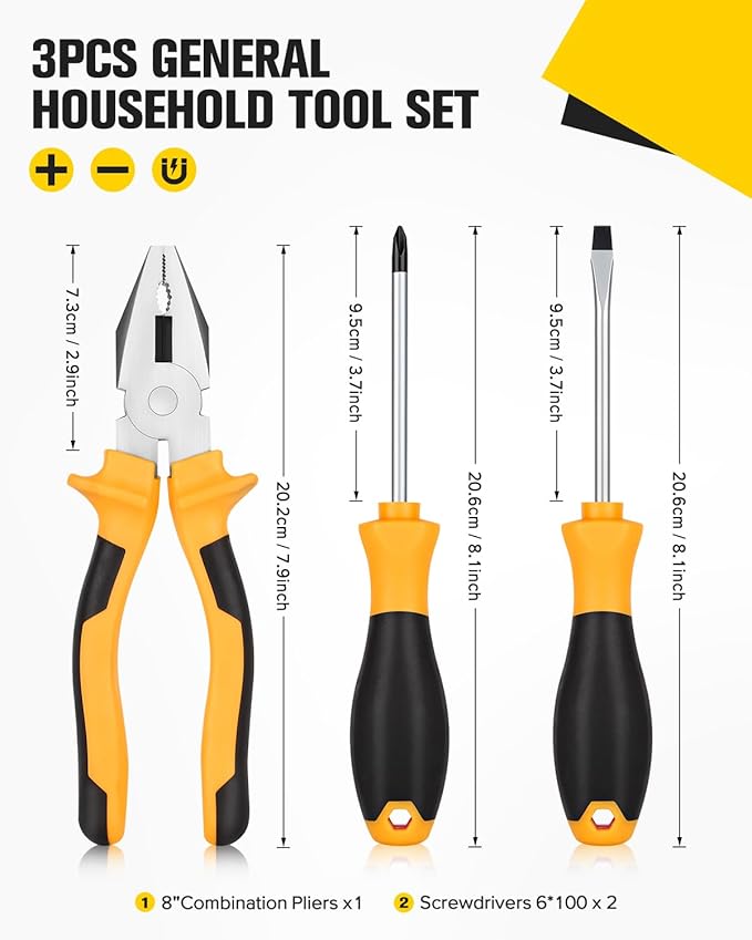 3pcs General Household Tool Set, Includes a Pliers, a Crosshead Screwdriver and a Flat-head Screwdriver, Suitable for Daily Use