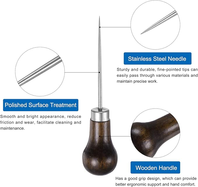 HARFINGTON Handwork Sewing Awl Single Gourd Awl Leather Punch Hole Tool with Wooden Handle Scratch for Broken Wire Drilling Stitching Repair and DIY Handmade, Log Color
