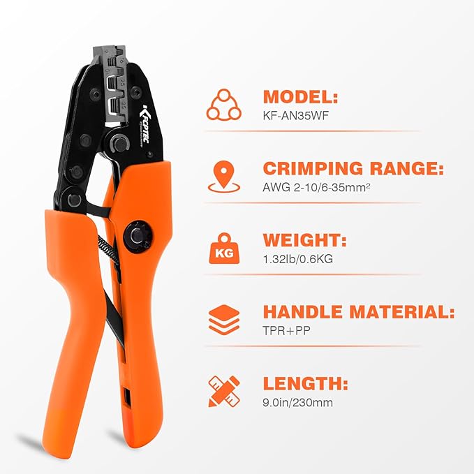 KF CPTEC Ferrule Crimping Tool for Wire Ferrules and End Sleeves, AWG 2-10 (6-35mm²) - Heavy Duty Electrical Terminal Crimper