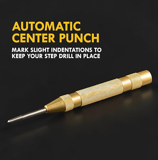 M35 Cobalt Step Drill Bit Set with Automatic Center Punch, 1/8" to 1-3/8", 6 PCS Step Drill Bit for Stainless Steel, Metal, Aluminum, Copper, Wood, PVC