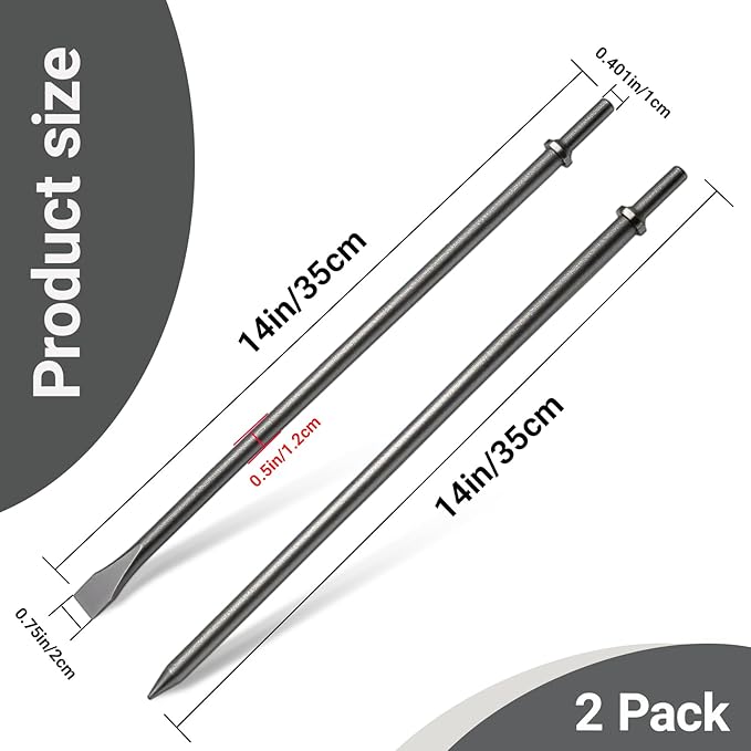 2 Pack 14" Air Hammer Bits Attachments,0.401 Inch Shank Chisel Bit Set,Cr-Mo Alloy Steel Punch