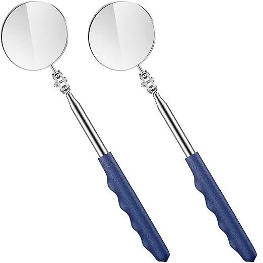 2 Pcs Telescoping Inspection Mirrors, Mechanics Mirror Tool with Long Handle, Round Extendable Mirror on a Stick for Technicians Mechanics Contractors Checking Observation(50mm,Blue)