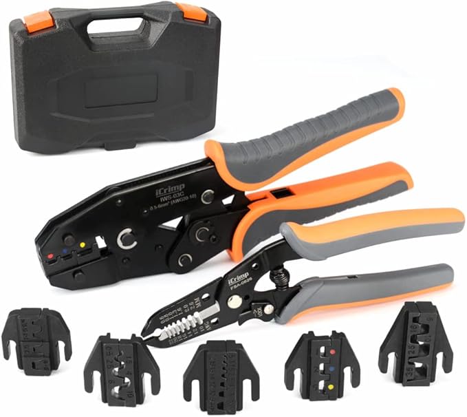 iCrimp Ratcheting Crimping Tool Set 8 PCS - Quick Exchange Jaw for Heat Shrink, Open Barrel, Insulated and Non-Insulated Ferrules AWG 20-2