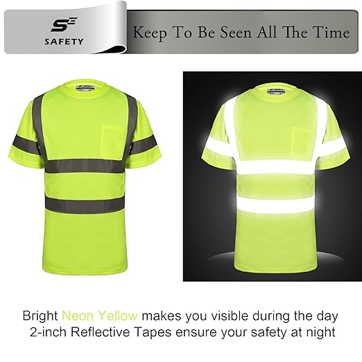 Hi Vis T Shirt Class 3 High Visibility Shirts for Men Safety Shirts with Reflective Strips and Pocket Breathable Construction Work Mesh Short Sleeve Yellow L