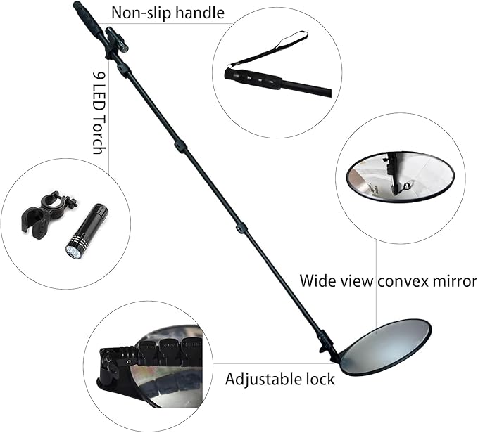 Under Vehicle Inspection Mirror, 8-Inch, LED Light, 180° Adjustable， Telescopic Handle – Security Mirror for Car, Workshop & DIY Use